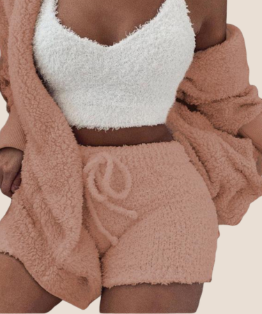 3pcs Womens Clothing Long Sleeve Crop Tank Top And Drawstring Shorts Pajama Set