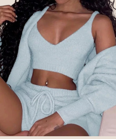 3pcs Womens Clothing Long Sleeve Crop Tank Top And Drawstring Shorts Pajama Set