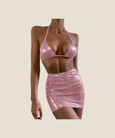 Glossy 3PC Halter Bikini Set – Sexy Backless Swimwear