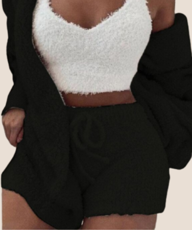 3pcs Womens Clothing Long Sleeve Crop Tank Top And Drawstring Shorts Pajama Set