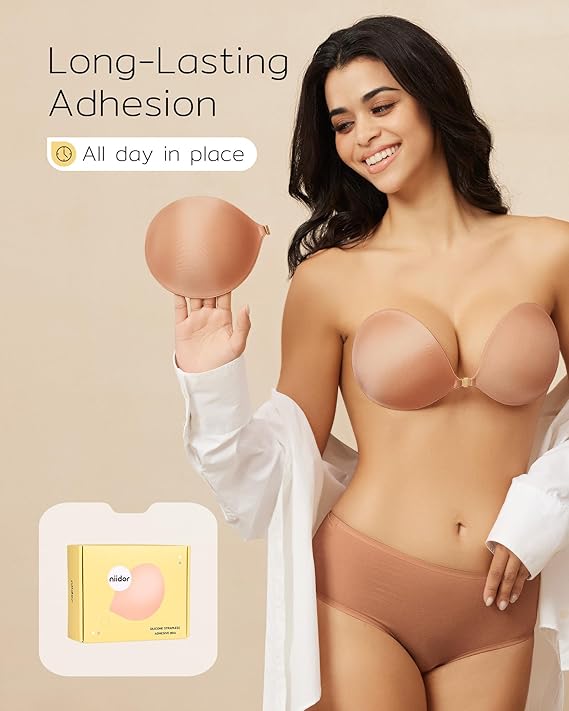 Niidor Adhesive Strapless Bra for Women Sticky Invisible Push up Silicone Bra for Backless Dress 2025 Upgraded Clasp Bras