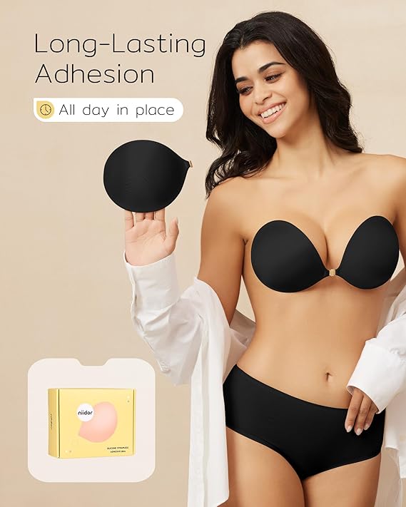 Niidor Adhesive Strapless Bra for Women Sticky Invisible Push up Silicone Bra for Backless Dress 2025 Upgraded Clasp Bras