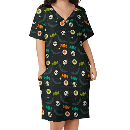 Lookiee V-Neck Pocket Cotton-Feel Casual Dress