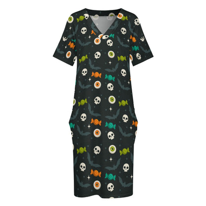 Lookiee V-Neck Pocket Cotton-Feel Casual Dress