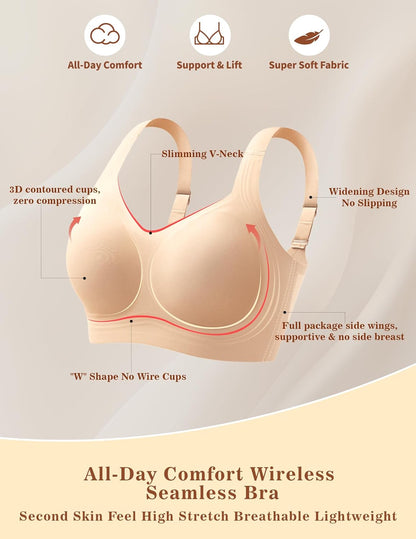 Women'S Wireless Bras Full Coverage Seamless Supportive, Back Smoothing T-Shirt Bra with Padded Everyday Bra
