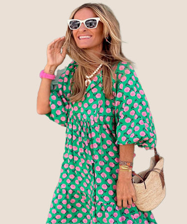 Elegant V-Neck Short Sleeve Long Dress