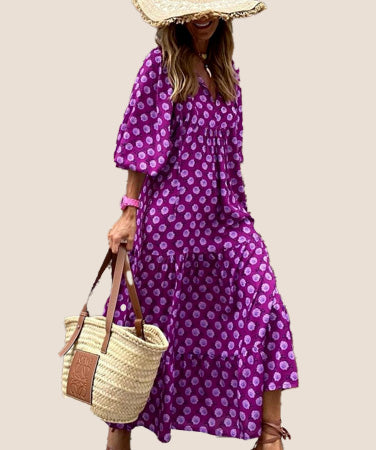 Elegant V-Neck Short Sleeve Long Dress