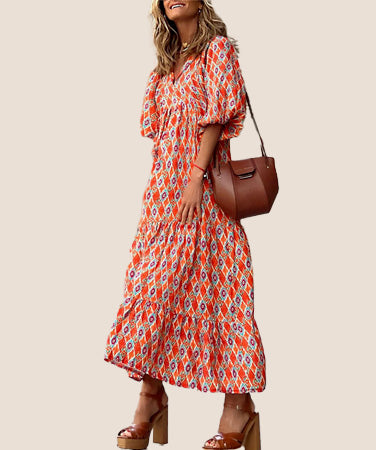 Elegant V-Neck Short Sleeve Long Dress
