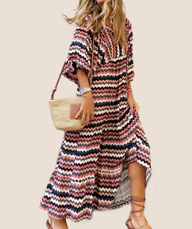 Elegant V-Neck Short Sleeve Long Dress