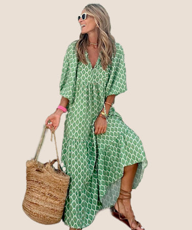 Elegant V-Neck Short Sleeve Long Dress