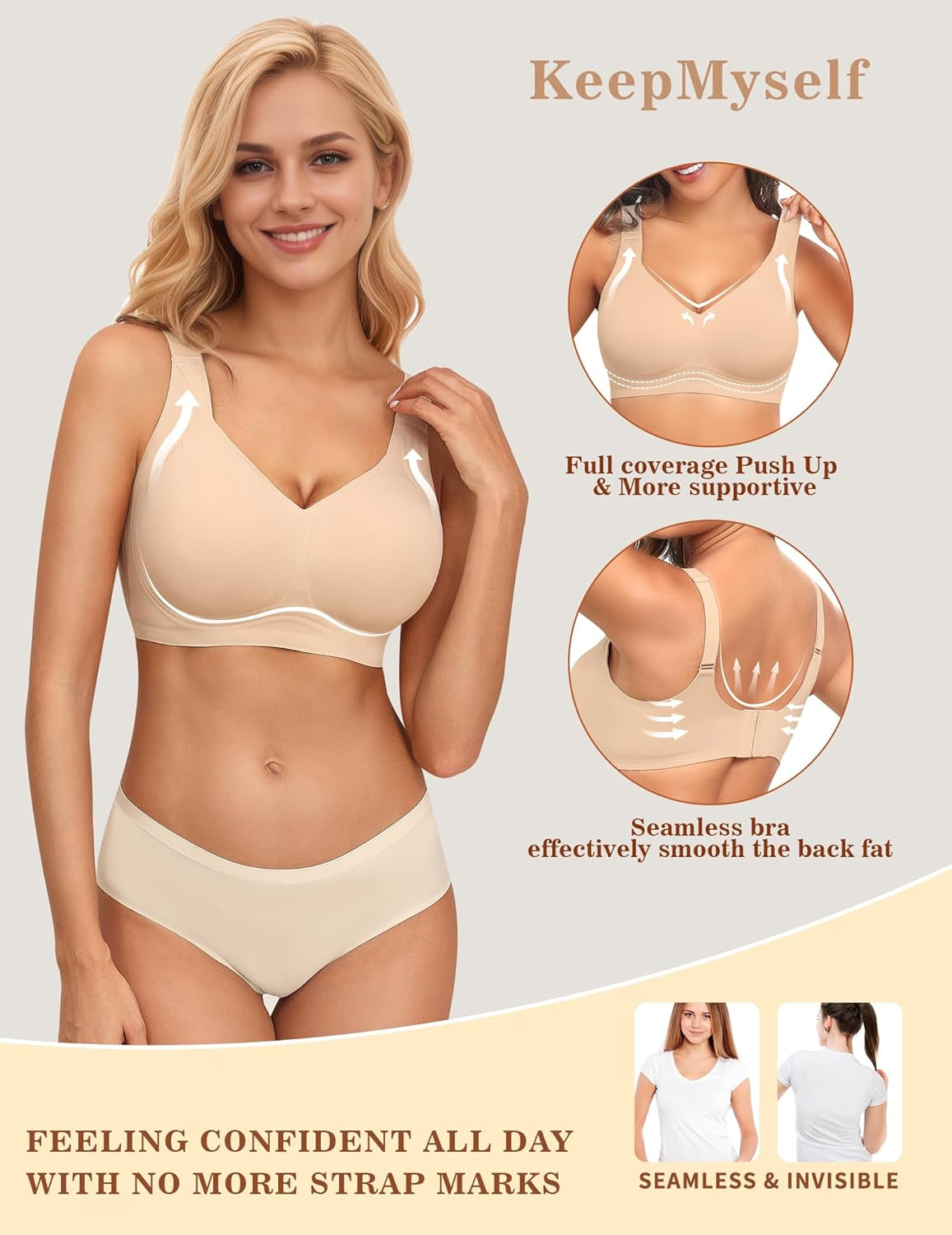 Women'S Wireless Bras Full Coverage Seamless Supportive, Back Smoothing T-Shirt Bra with Padded Everyday Bra