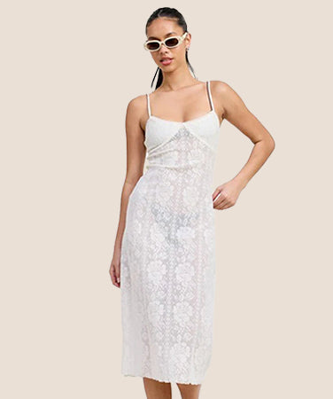 SPAGHETTI STRAP LACE MIDI DRESS
